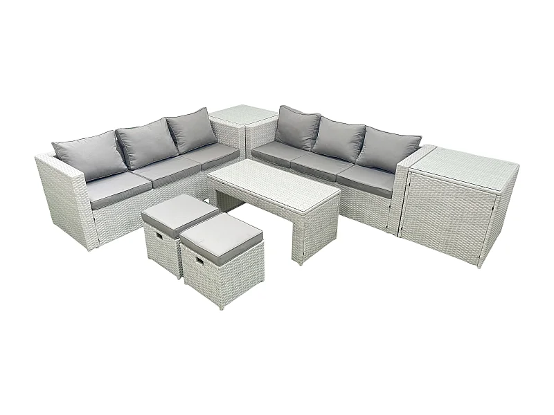 8-Sitzer Gartenmöbel-Set im Freien Polyrattan Garten Sofa Rechteckiger Couchtisch Set mit 2 kleinen Hockern 2 Beistelltischen Hellgrau gemischt