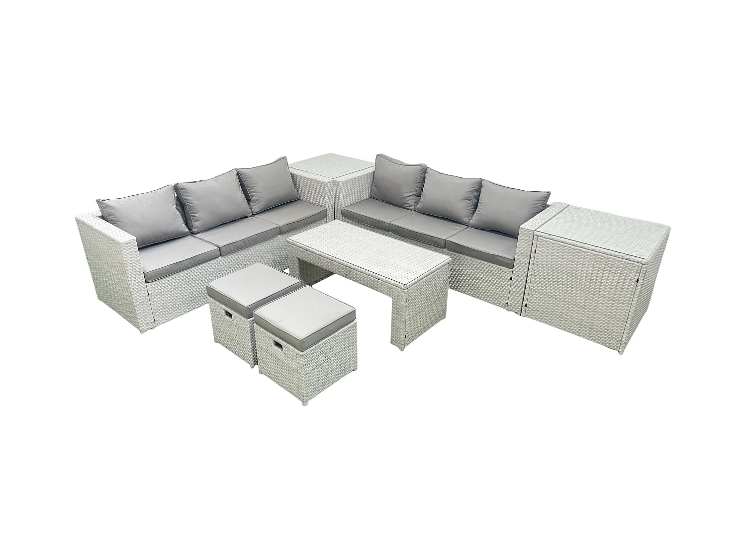 8-Sitzer Gartenmöbel-Set im Freien Polyrattan Garten Sofa Rechteckiger Couchtisch Set mit 2 kleinen Hockern 2 Beistelltischen Hellgrau gemischt