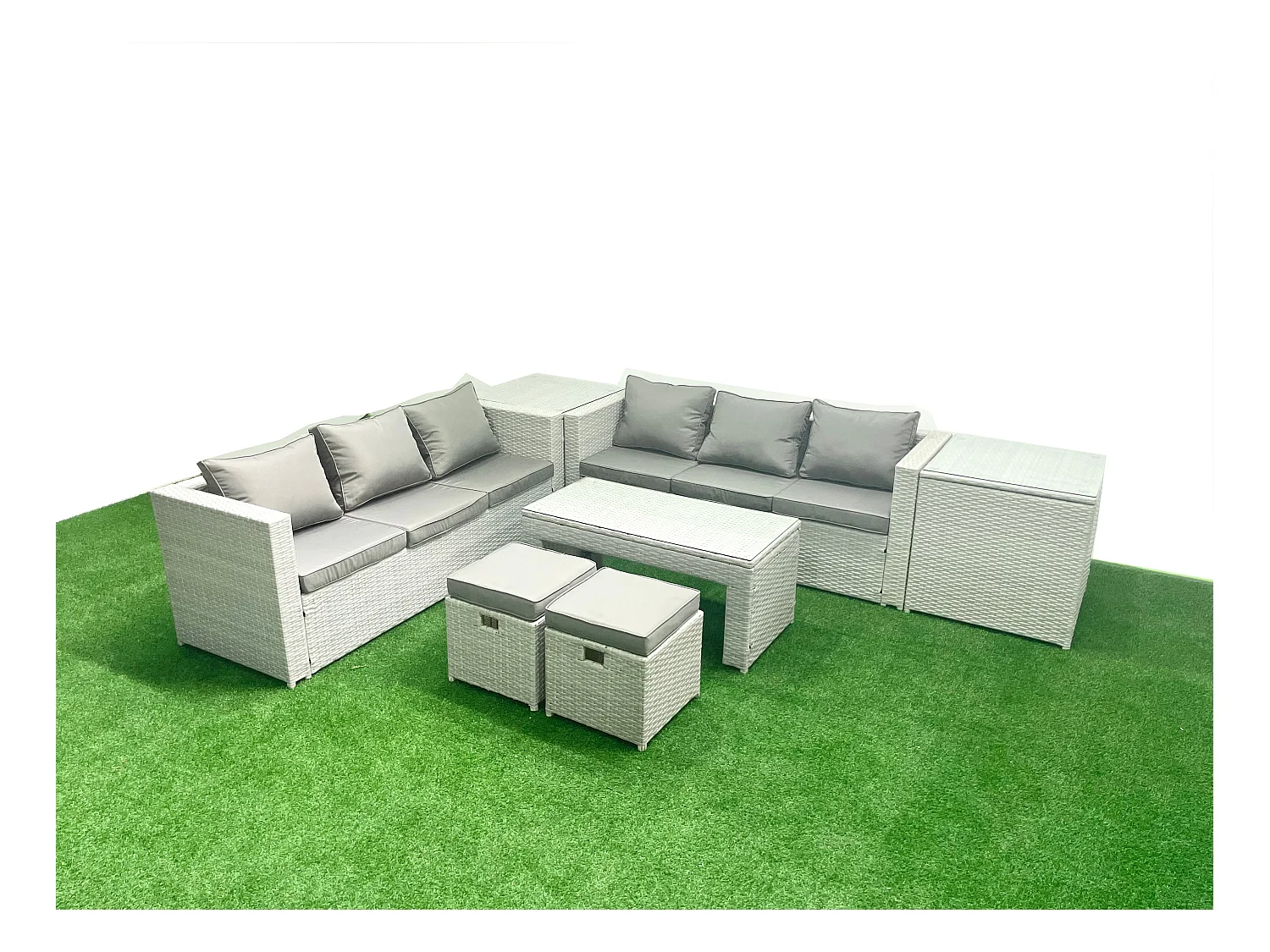 8-Sitzer Gartenmöbel-Set im Freien Polyrattan Garten Sofa Rechteckiger Couchtisch Set mit 2 kleinen Hockern 2 Beistelltischen Hellgrau gemischt