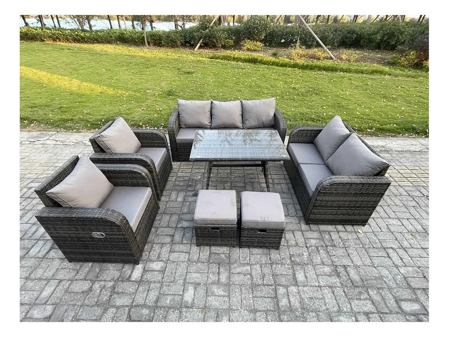 Salon de jardin exterieur 9 places Ensemble de canapés en rotin avec Table à manger 2 Petits tabourets Gris foncé mixte