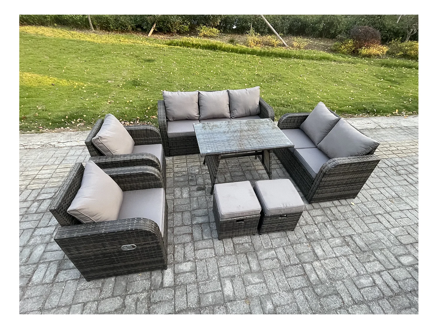 Salon de jardin exterieur 9 places Ensemble de canapés en rotin avec Table à manger 2 Petits tabourets Gris foncé mixte