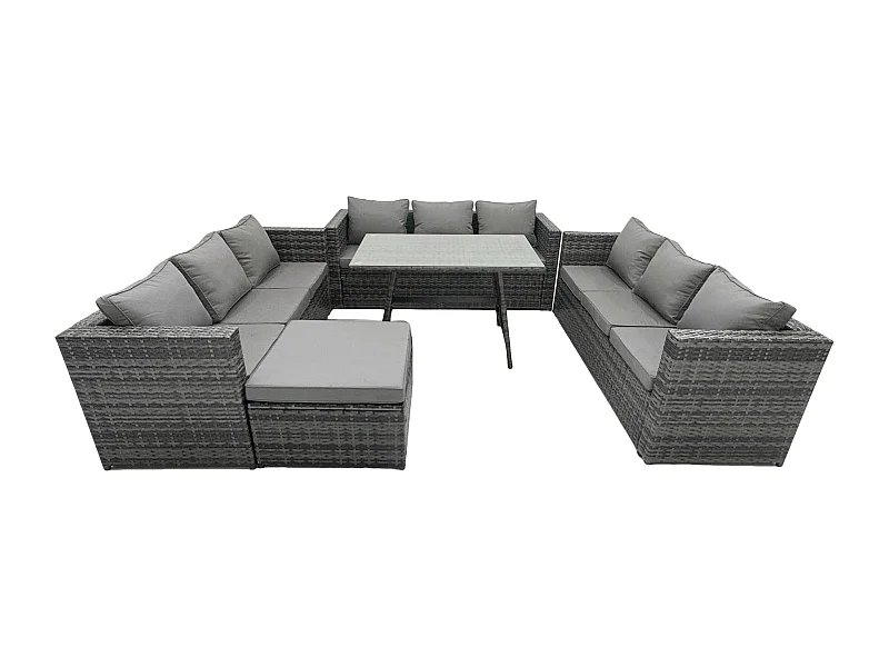 Rattan Gartenmöbel Lounge Sofa Set mit Rechteckiger Esstisch mit Gehärtetes Klarglas und 2 Großer Hockern