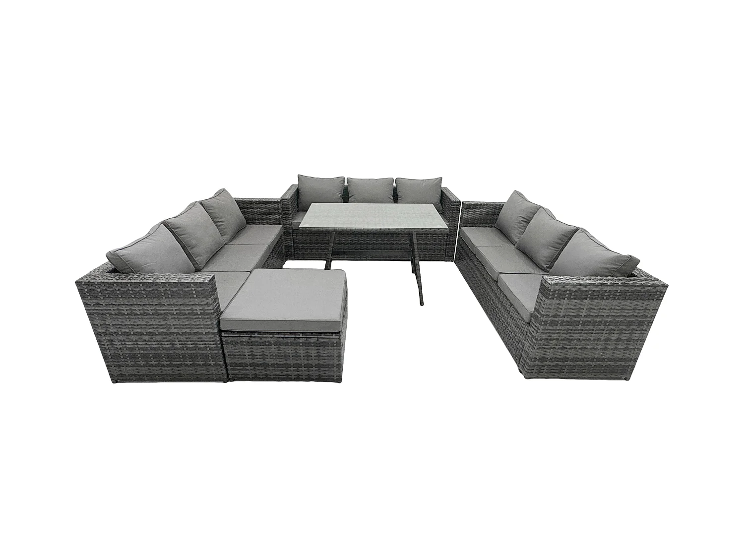 Rattan Gartenmöbel Lounge Sofa Set mit Rechteckiger Esstisch mit Gehärtetes Klarglas und 2 Großer Hockern