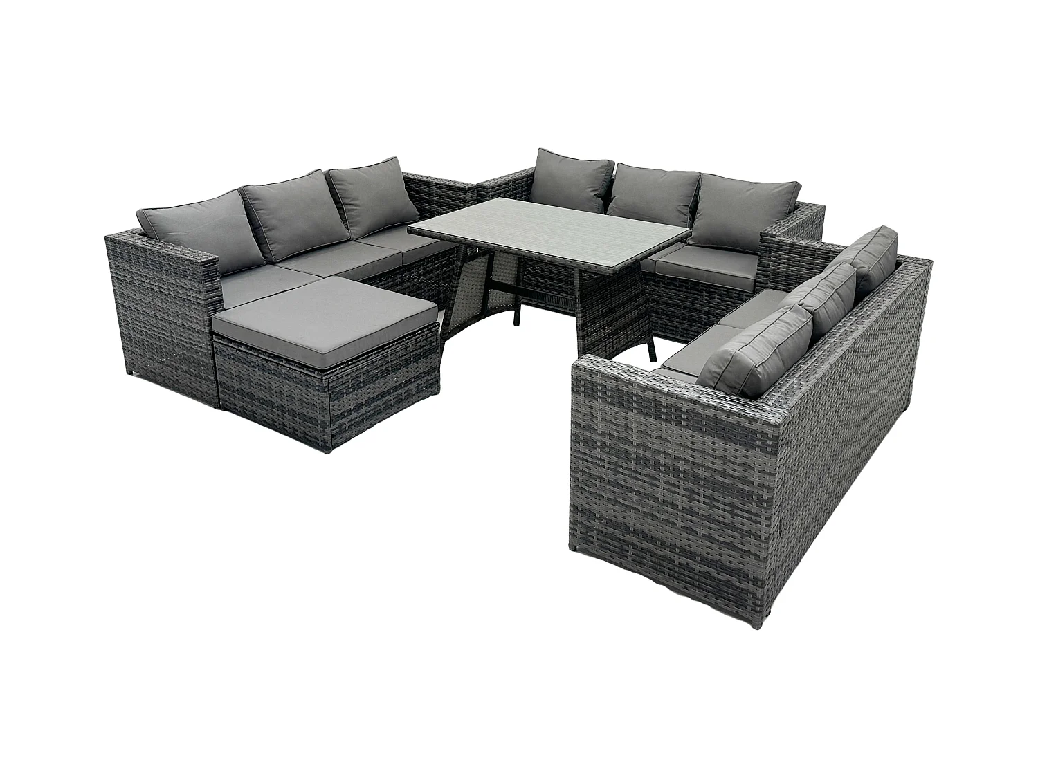 Rattan Gartenmöbel Lounge Sofa Set mit Rechteckiger Esstisch mit Gehärtetes Klarglas und 2 Großer Hockern