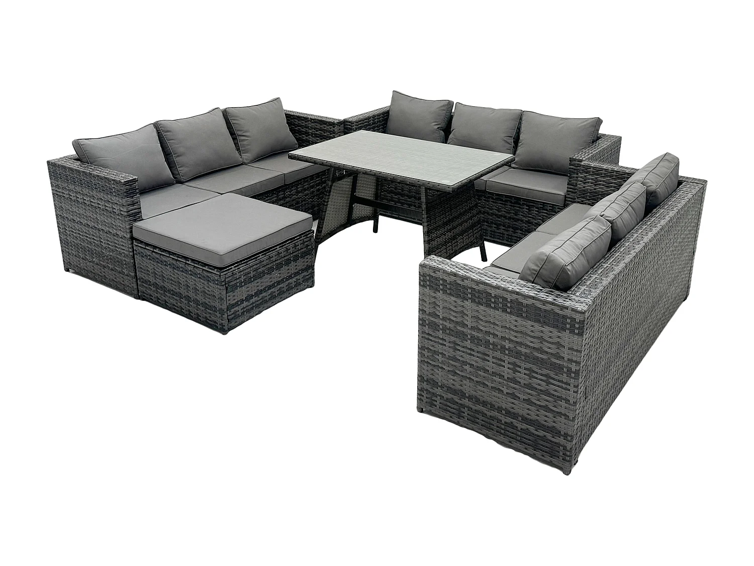 Salon de Jardin Extérieur en Résine avec Table à manger oblongue avec Verre trempé transparent et Grand tabouret