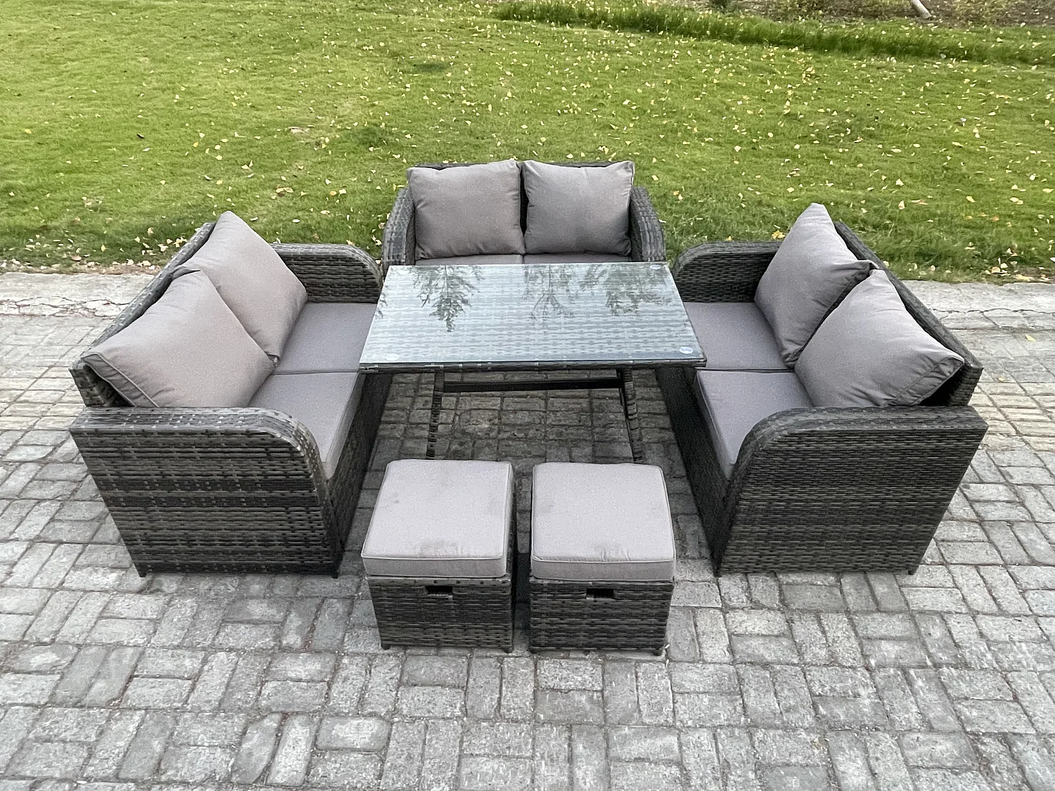 Polyrattan Gartenmöbelset 8-Sitzer Gartensofa Set Set mit Rechteckiger Esstisch 2 kleinen Hockern Dunkelgrau Gemischt