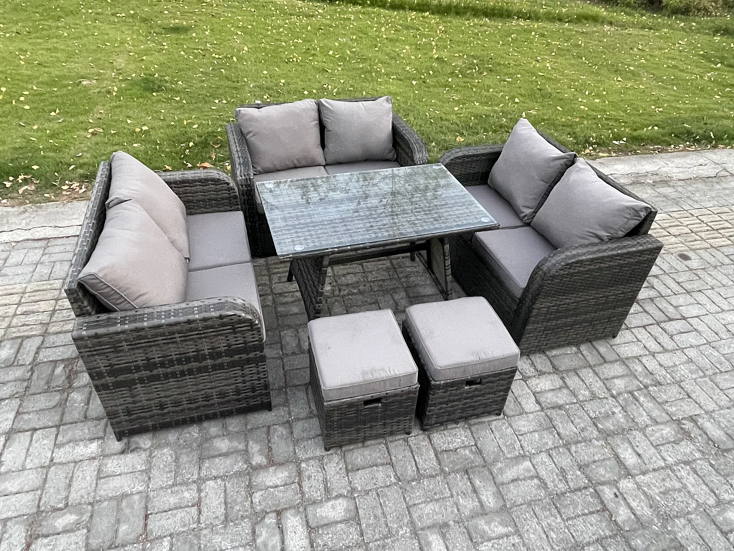 Polyrattan Gartenmöbelset 8-Sitzer Gartensofa Set Set mit Rechteckiger Esstisch 2 kleinen Hockern Dunkelgrau Gemischt
