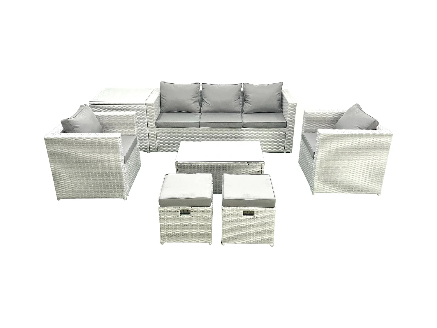 7 places Salon de jardin avec Canapé 3 places 2 Chaise Table basse rectangulaire 2 Petits tabourets Table d'appoint Gris clair mixte
