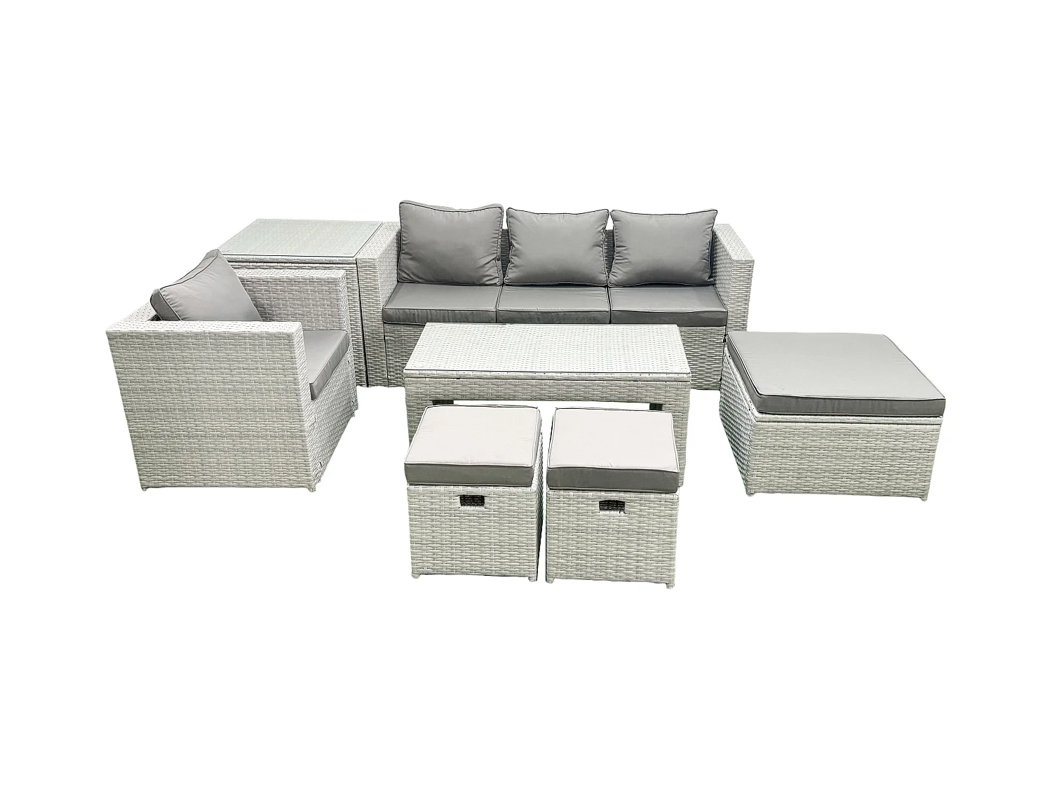 Polyrattan Gartensofa Set Couchtisch 3 Hockern Beistelltisch Hellgrau gemischt