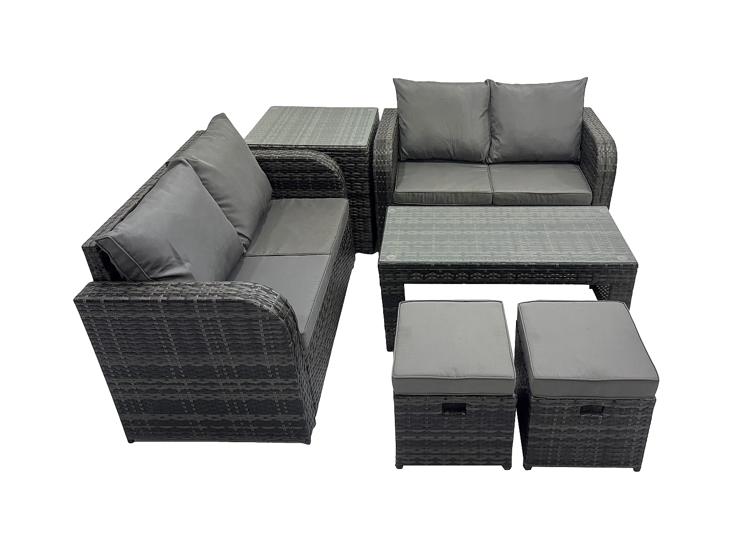 Dossier haut Salon de jardin avec Canapé d'amour Table basse rectangulaire 2 Petits tabourets Table d'appoint Gris foncé mixte