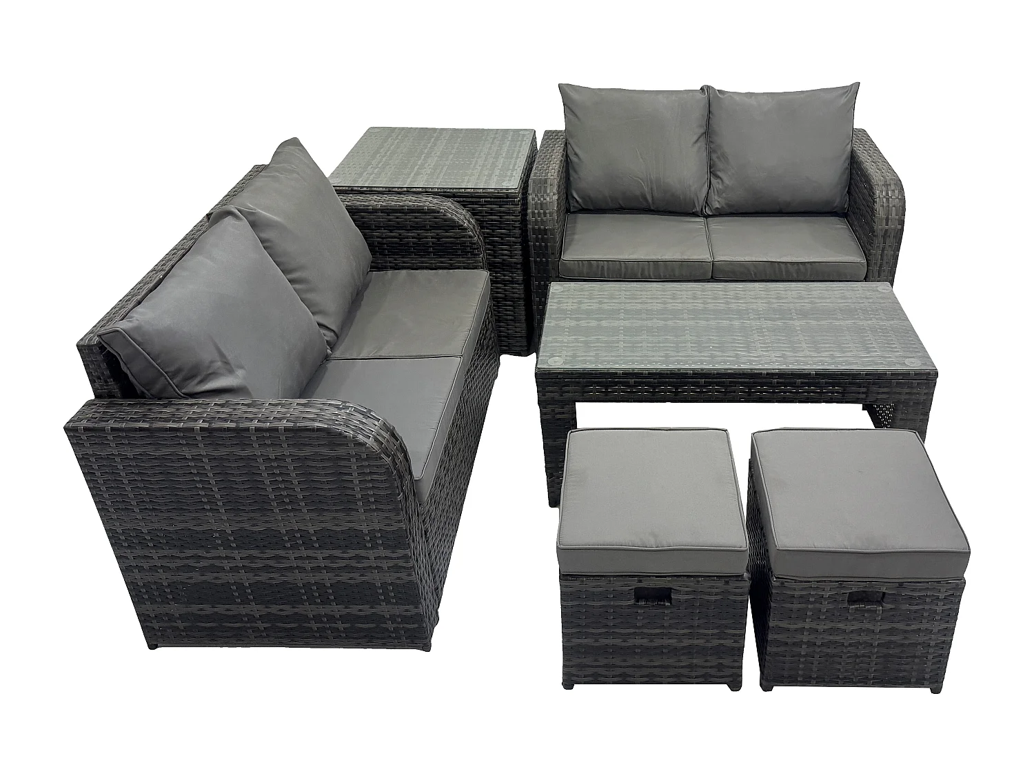 Hoher Rücken Polyrattan Gartenmöbel Set mit Loveseat Sofa Rechteckiger Couchtisch 2 kleine Fußhockern Beistelltisch Garten Lounge Set Dunkelgrau Gemischt