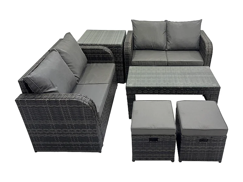 Hoher Rücken Polyrattan Gartenmöbel Set mit Loveseat Sofa Rechteckiger Couchtisch 2 kleine Fußhockern Beistelltisch Garten Lounge Set Dunkelgrau Gemischt