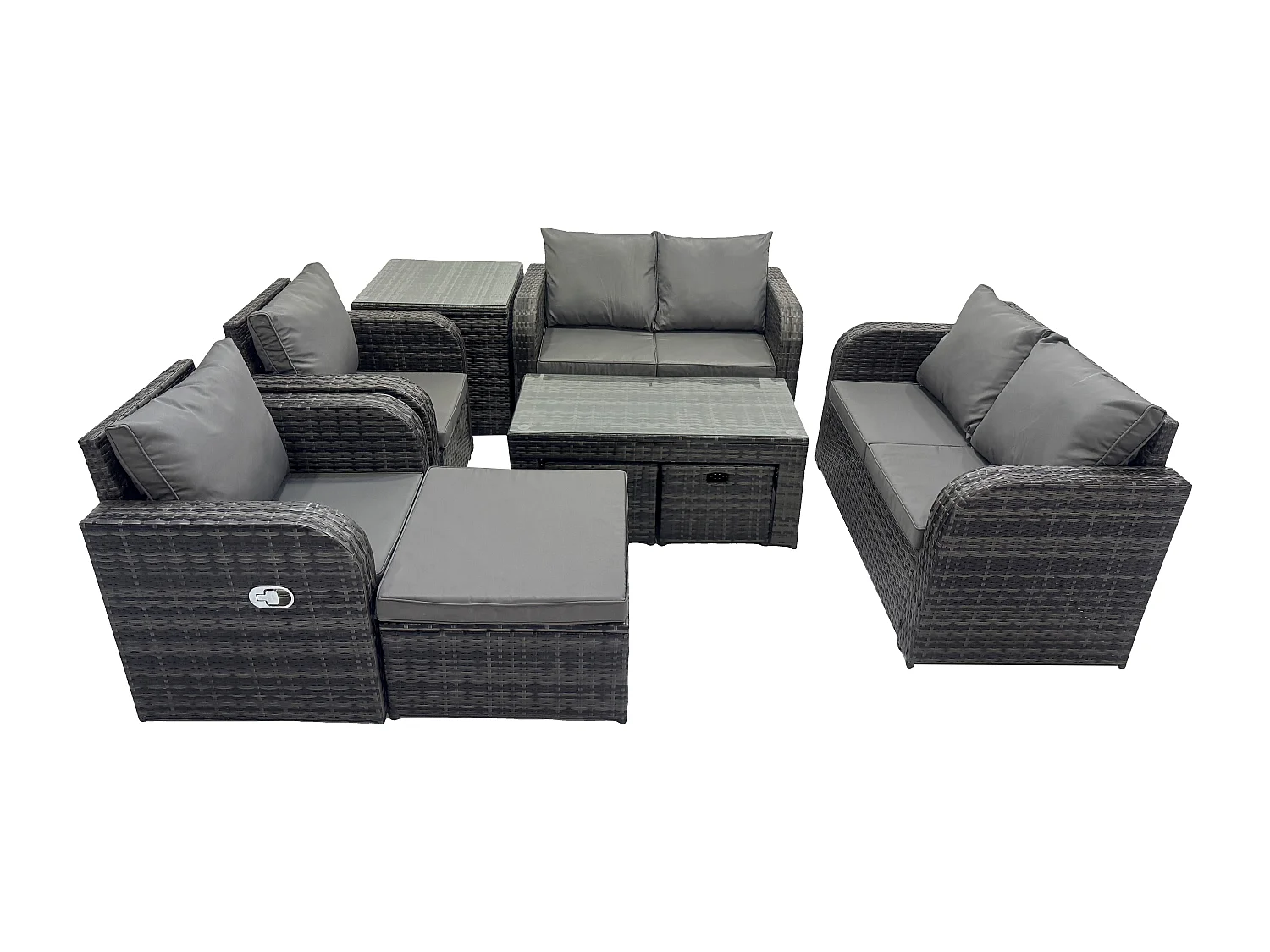 9-Sitzer Polyrattan Gartenmöbel Set Rattansofa, Tisch und Sesseln Couchtisch 3 Hockern Terrassenset