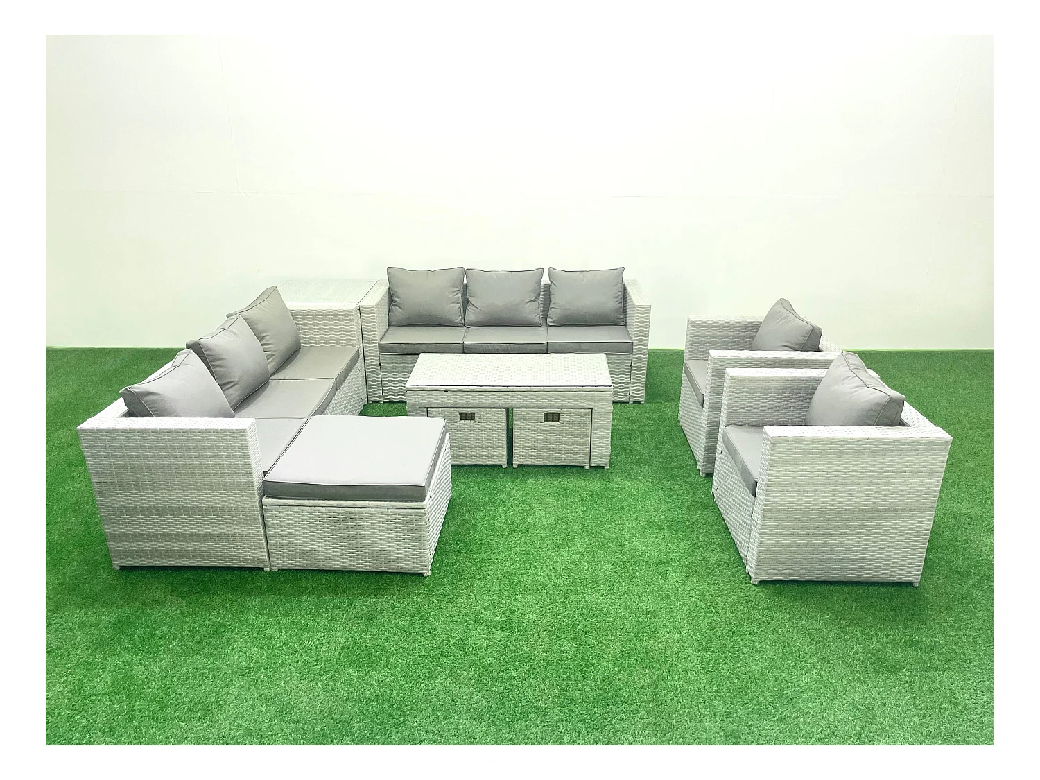 Gartenmöbelset Polyrattan mit 2 Sesseln Rechteckiger Couchtisch 3 Hockern Beistelltisch Hellgrau gemischt