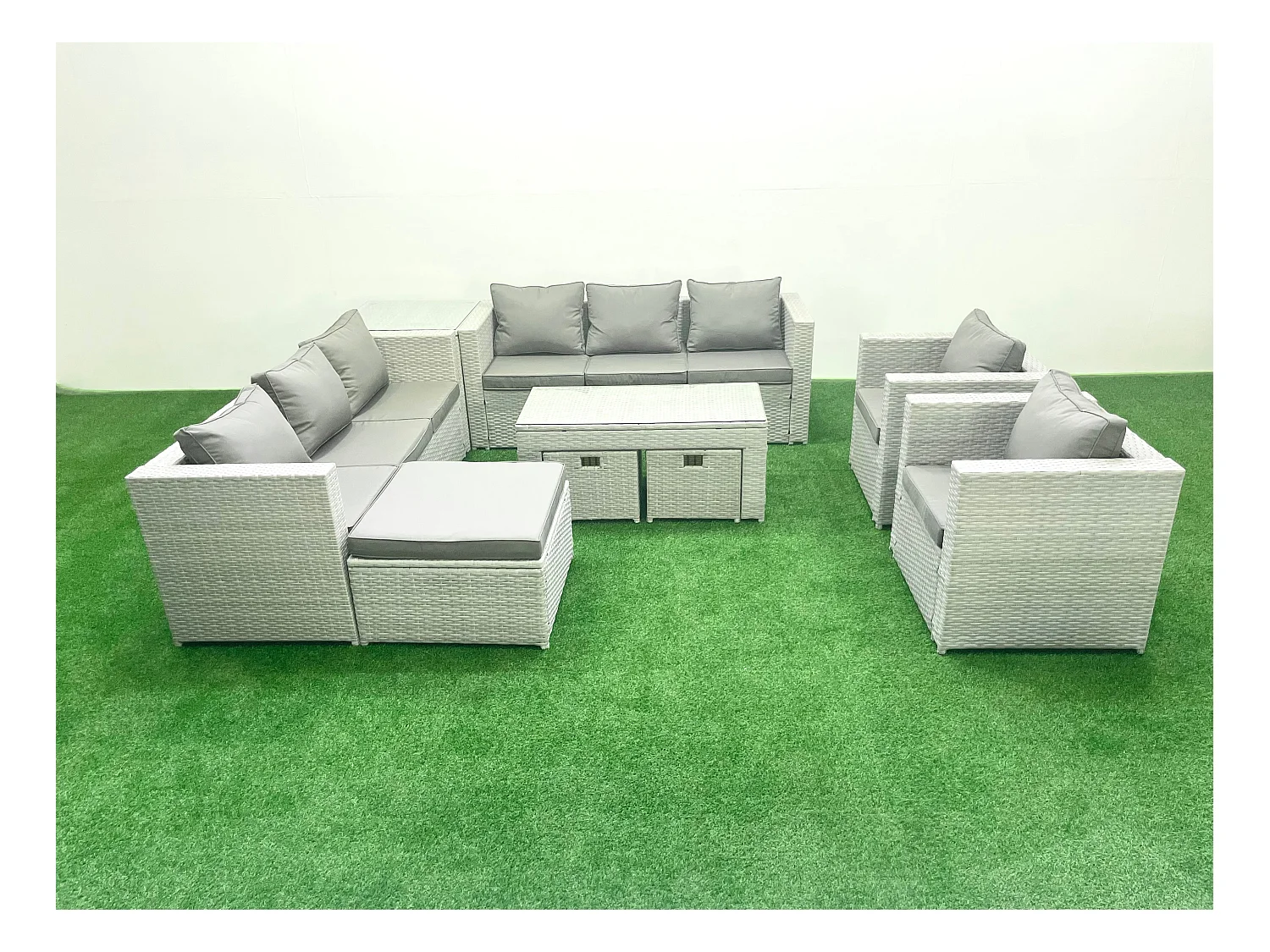 Gartenmöbelset Polyrattan mit 2 Sesseln Rechteckiger Couchtisch 3 Hockern Beistelltisch Hellgrau gemischt