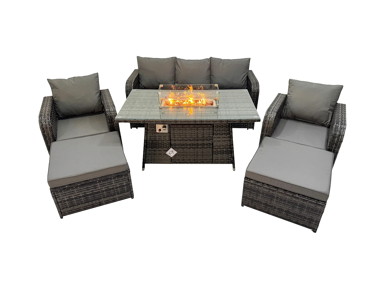 Rattan Gartenmöbel Sofa Set Gas Feuerstelle Esstisch mit 2 hohen Hockern Dunkelgrau Gemischt