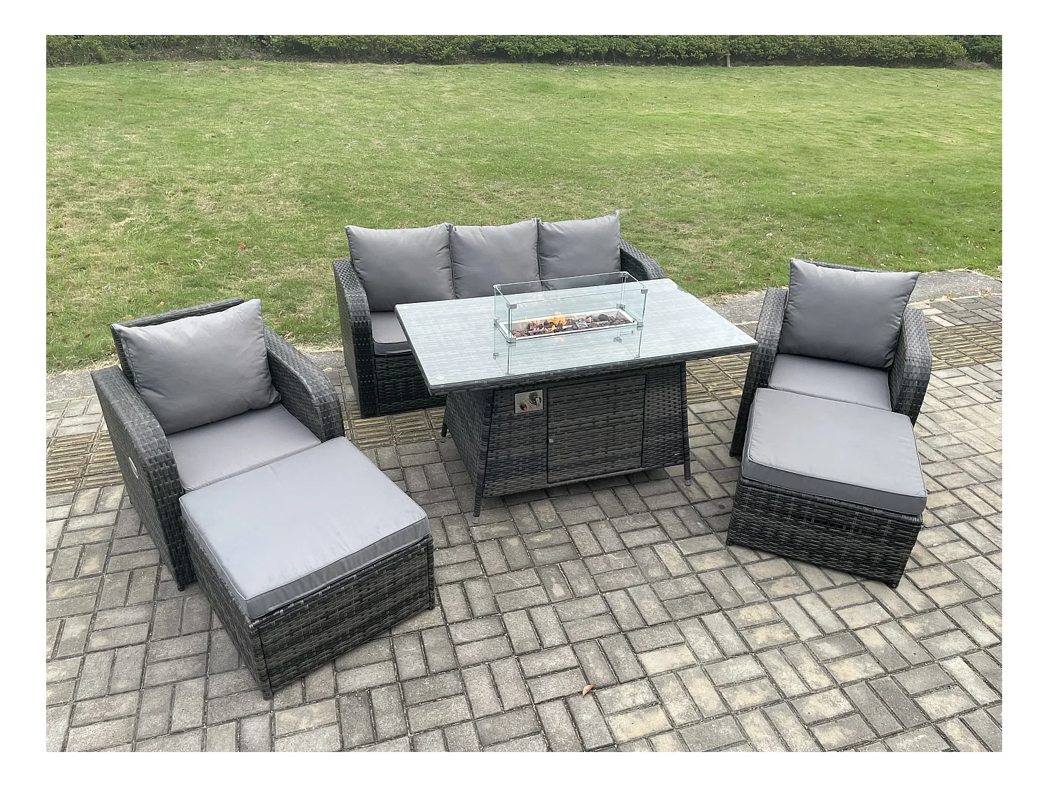 Rattan Gartenmöbel Sofa Set Gas Feuerstelle Esstisch mit 2 hohen Hockern Dunkelgrau Gemischt
