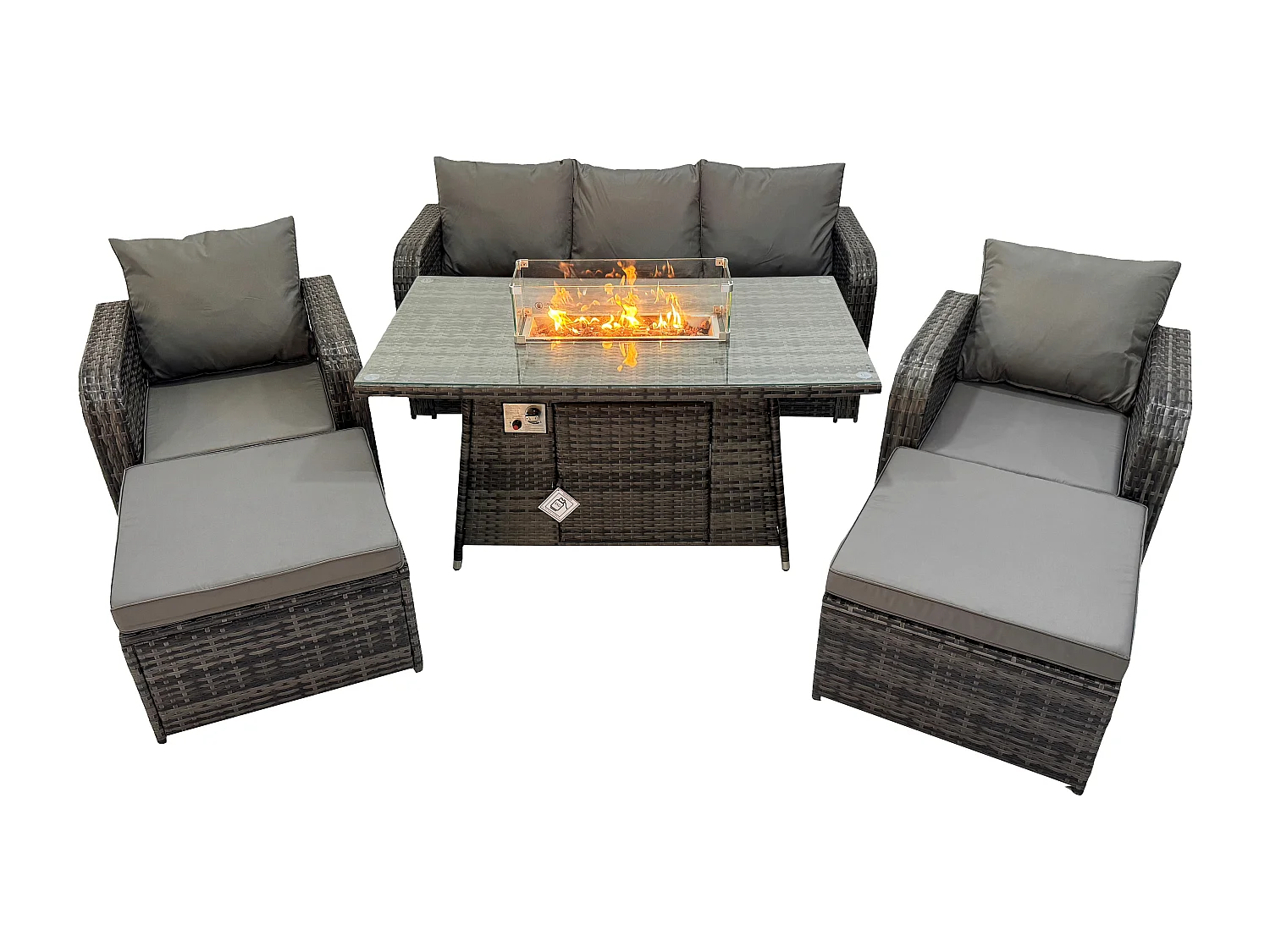 Ensemble de canapés en rotin Table de foyer à gaz Chauffage au gaz avec 2 Grand tabourets Gris foncé mixte