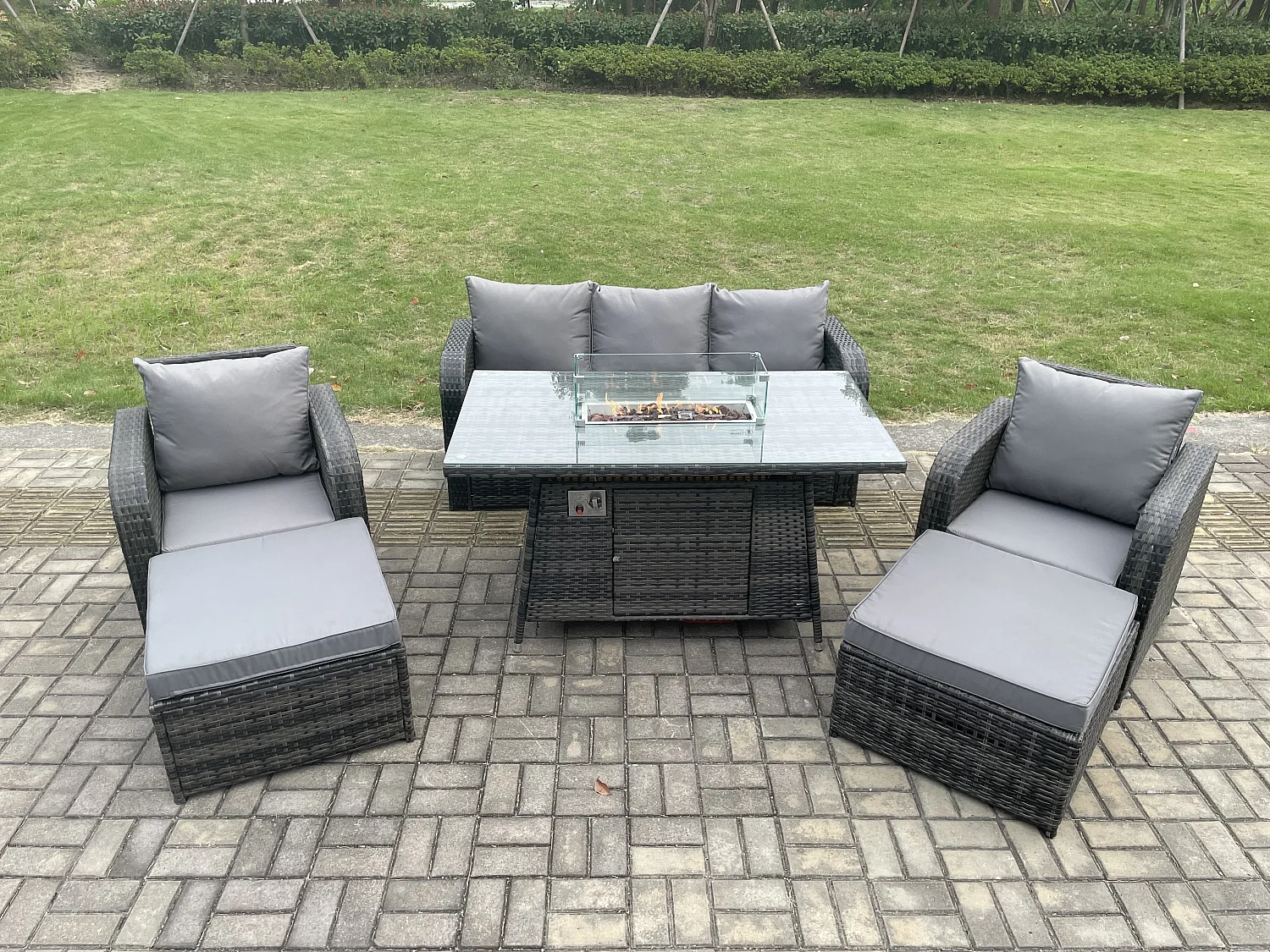 Ensemble de canapés en rotin Table de foyer à gaz Chauffage au gaz avec 2 Grand tabourets Gris foncé mixte