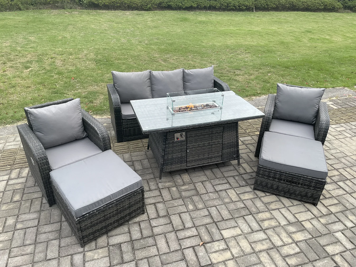 Ensemble de canapés en rotin Table de foyer à gaz Chauffage au gaz avec 2 Grand tabourets Gris foncé mixte