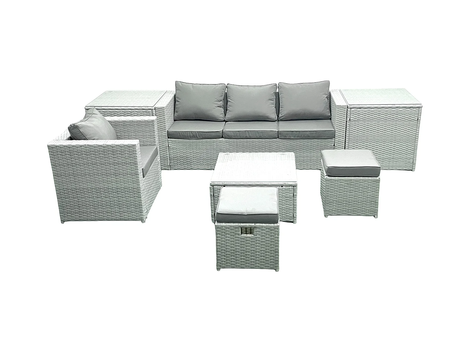 Gartenmöbel-Set 6-Sitzer Polyrattan Sofa Set mit 2 Großer Hockern Sessel 2 Beistelltischen Hellgrau gemischt