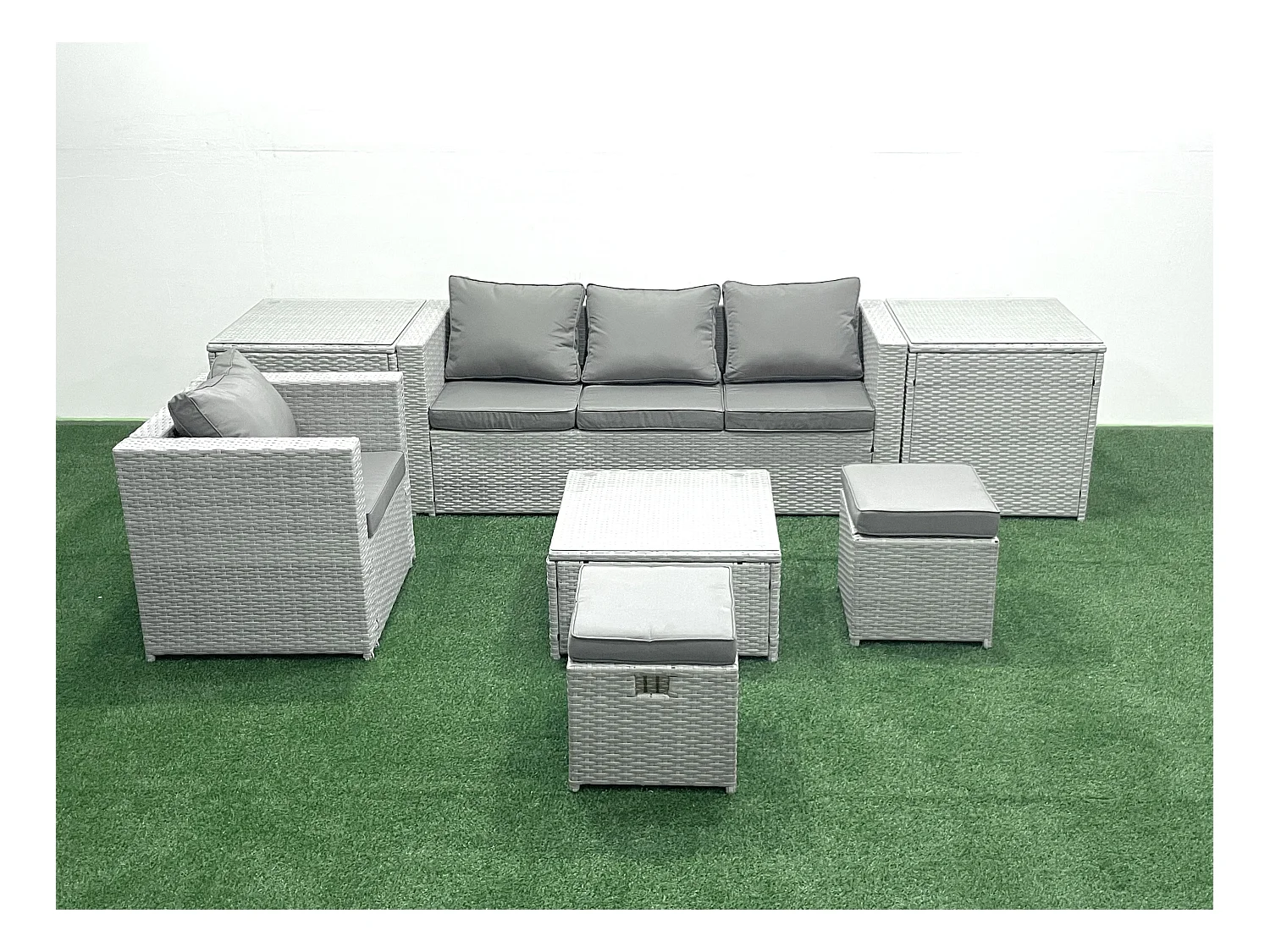 Gartenmöbel-Set 6-Sitzer Polyrattan Sofa Set mit 2 Großer Hockern Sessel 2 Beistelltischen Hellgrau gemischt