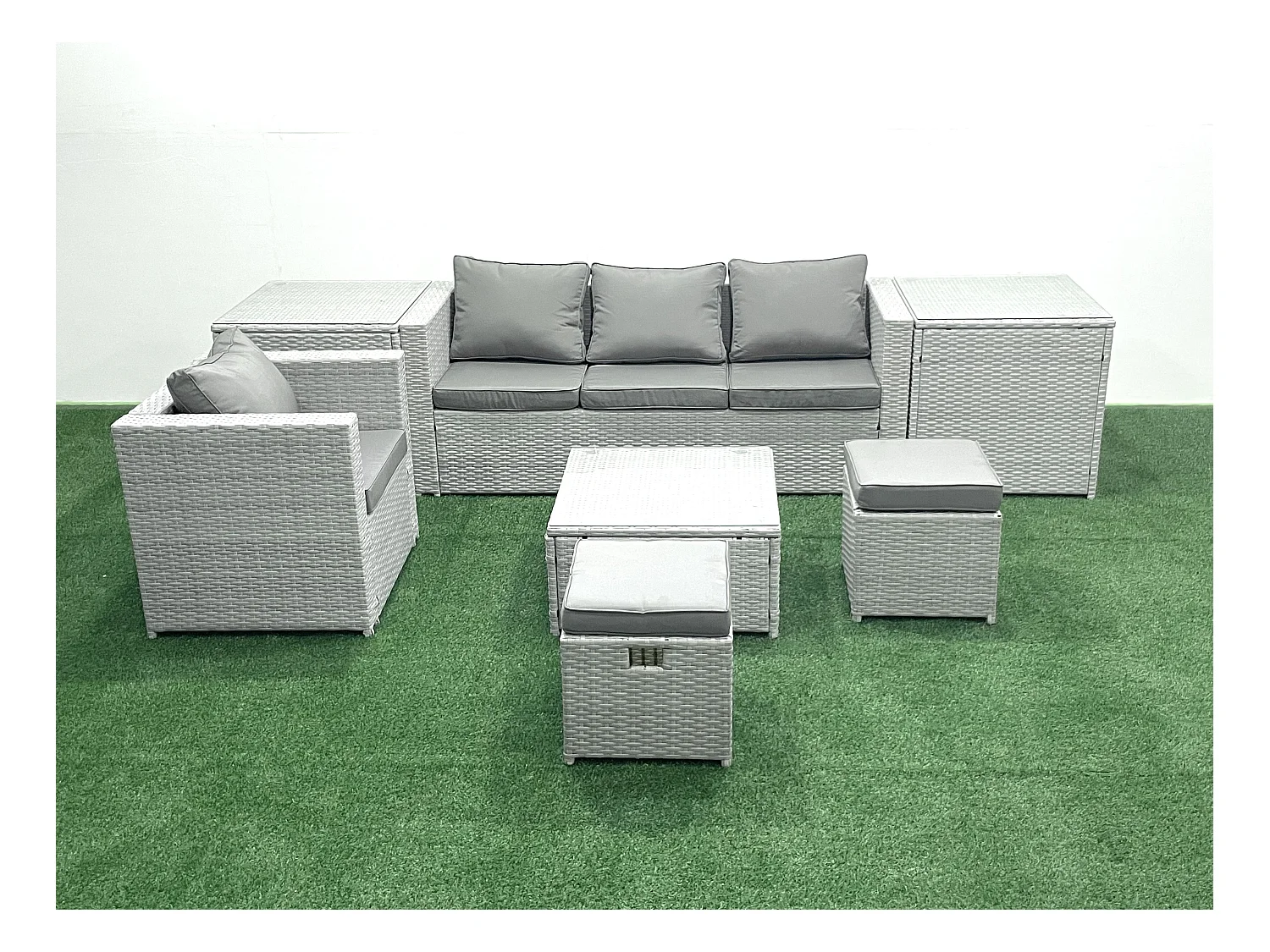 Gartenmöbel-Set 6-Sitzer Polyrattan Sofa Set mit 2 Großer Hockern Sessel 2 Beistelltischen Hellgrau gemischt