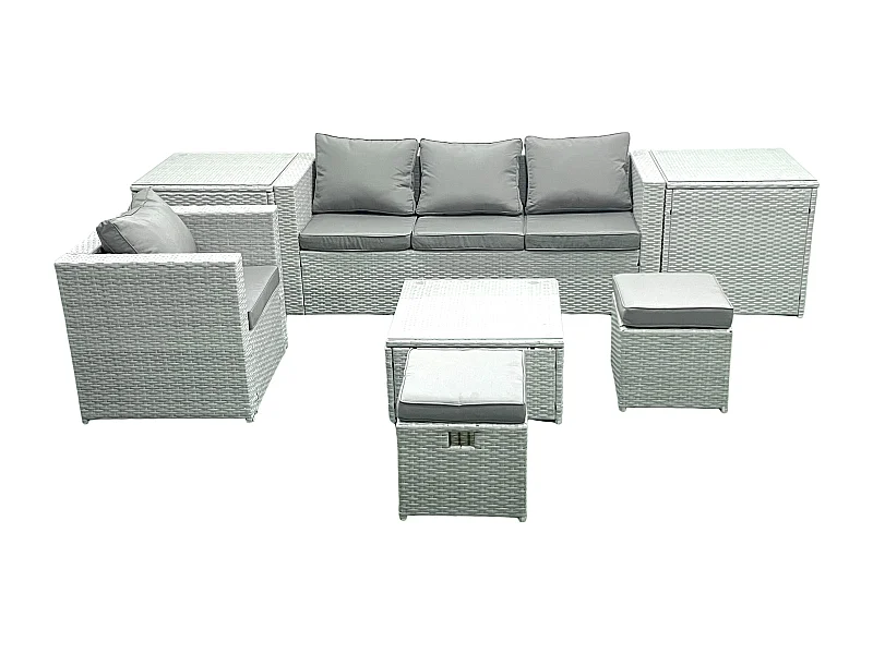 Salon de Jardin Exterieur en Résine 6 places avec Canapé Grand tabouret Fauteuil 2 Tables d'appoint Gris clair mixte