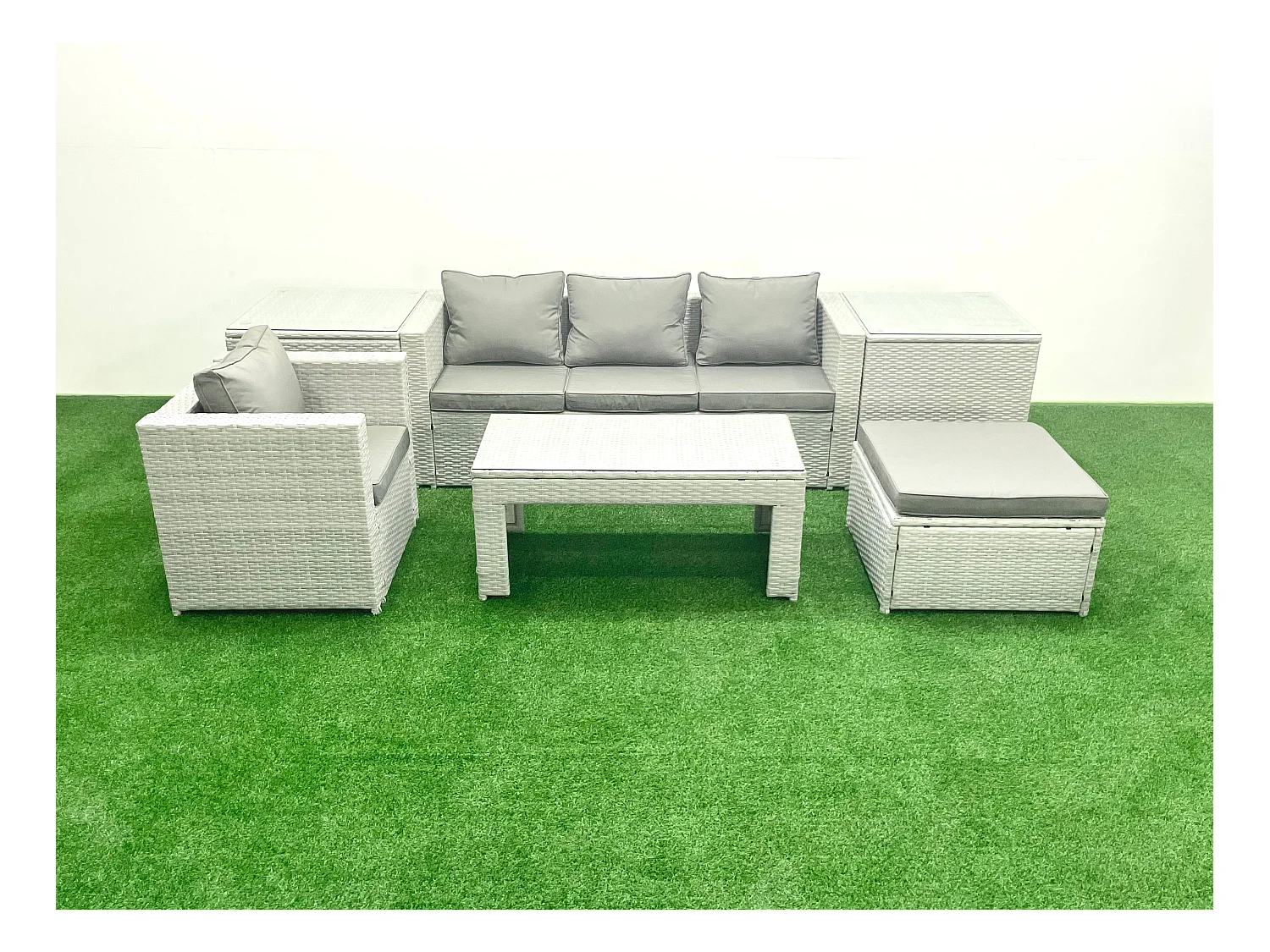 Polyrattan Gartenmöbelset mit Graue Kissen 5-Sitzer mit Sessel und Couchtisch