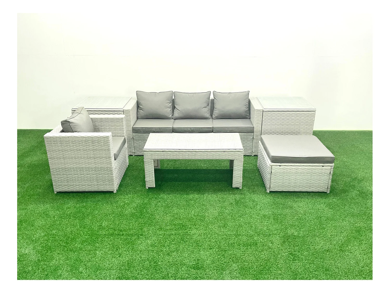Polyrattan Gartenmöbelset mit Graue Kissen 5-Sitzer mit Sessel und Couchtisch