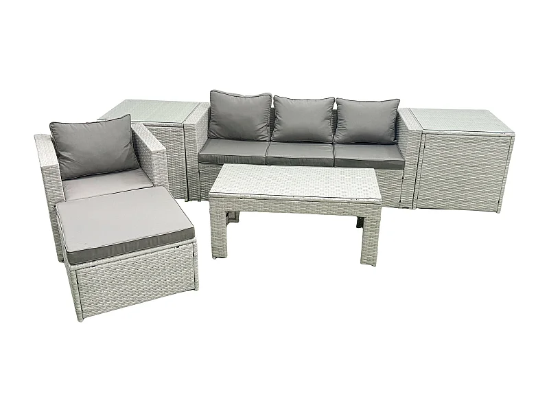Polyrattan Gartenmöbelset mit Graue Kissen 5-Sitzer mit Sessel und Couchtisch