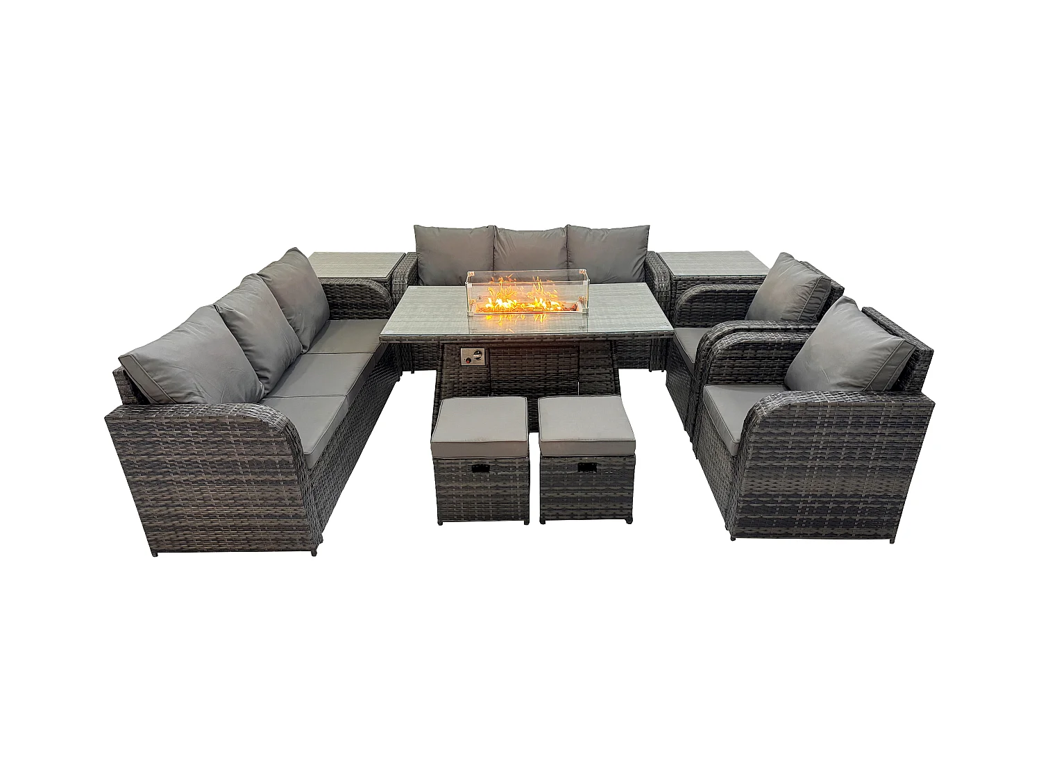 Polyrattan Gartenmöbel Set Gas Feuerstelle Esstisch mit 2 Beistelltischen Sessel Loveseat Sofa 2 kleine Fußhockern