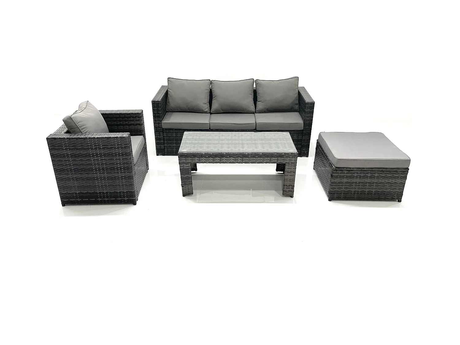 Salon de jardin Ensemble de canapés en rotin avec Table basse Fauteuil Grand tabouret Gris foncé mixte