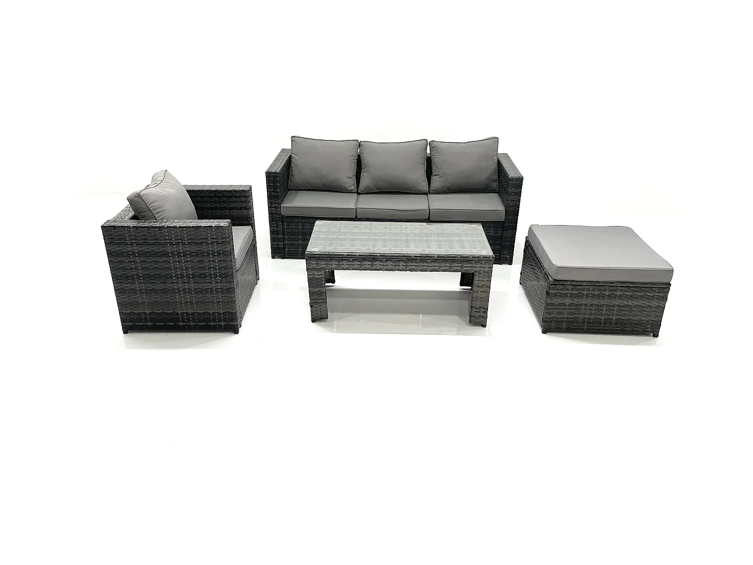 Salon de jardin Ensemble de canapés en rotin avec Table basse Fauteuil Grand tabouret Gris foncé mixte