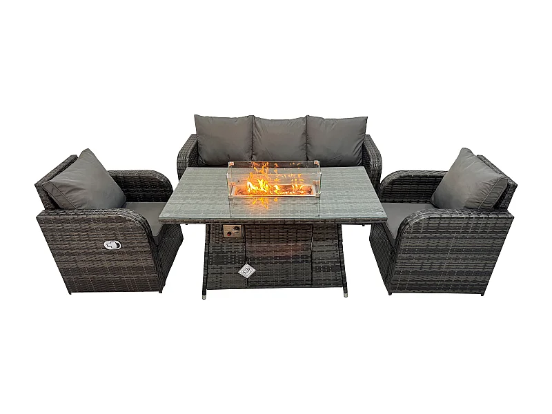 Polyrattan Gartenmöbel Set Garten Sofa im Freien Gasfeuerstelle Esstisch Set mit 3-Sitzer Sofa Dunkelgrau Gemischt