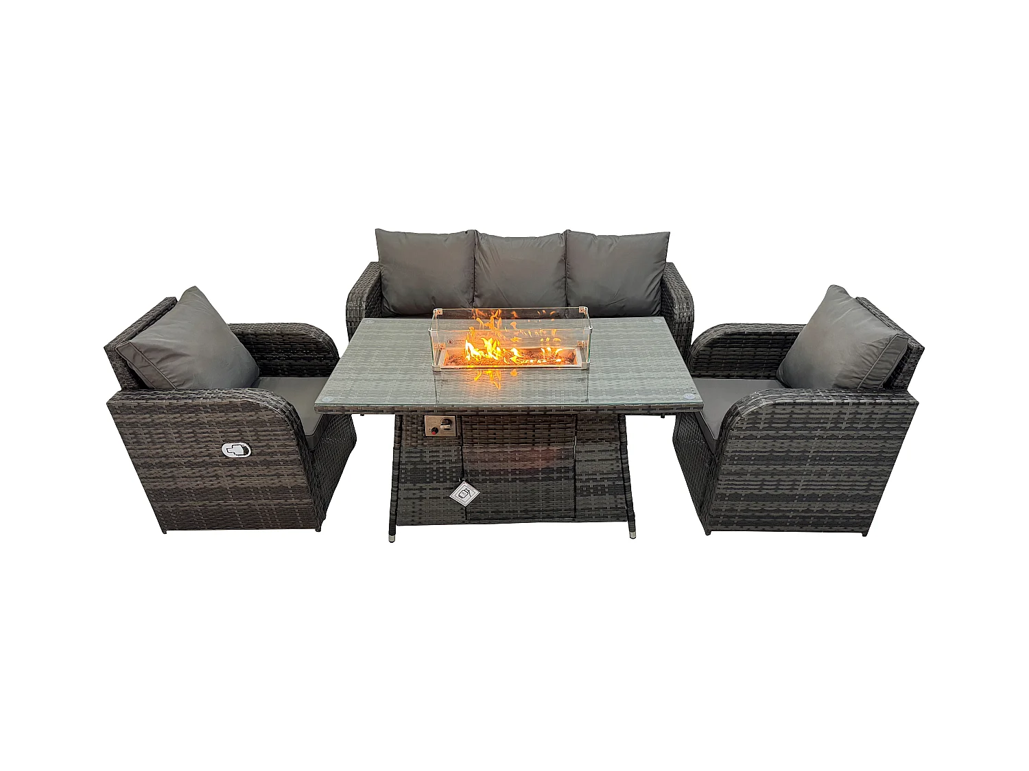 Ensemble Salon de Jardin Extérieur en polyrotin Table de foyer à gaz et Fauteuil avec Canapé 3 places Gris foncé mixte