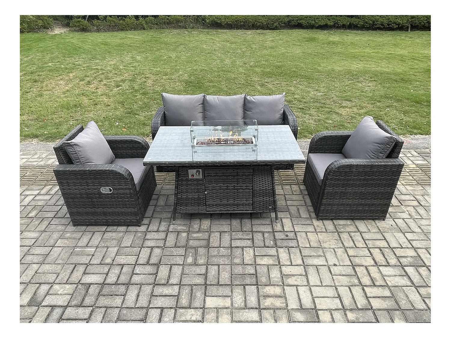 Ensemble Salon de Jardin Extérieur en polyrotin Table de foyer à gaz et Fauteuil avec Canapé 3 places Gris foncé mixte