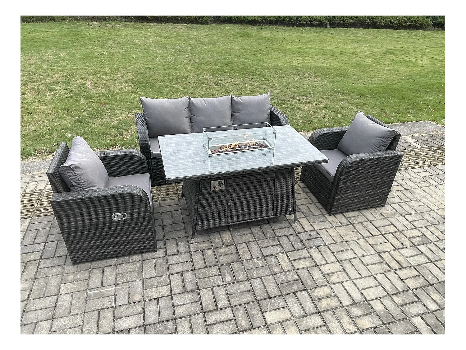 Ensemble Salon de Jardin Extérieur en polyrotin Table de foyer à gaz et Fauteuil avec Canapé 3 places Gris foncé mixte