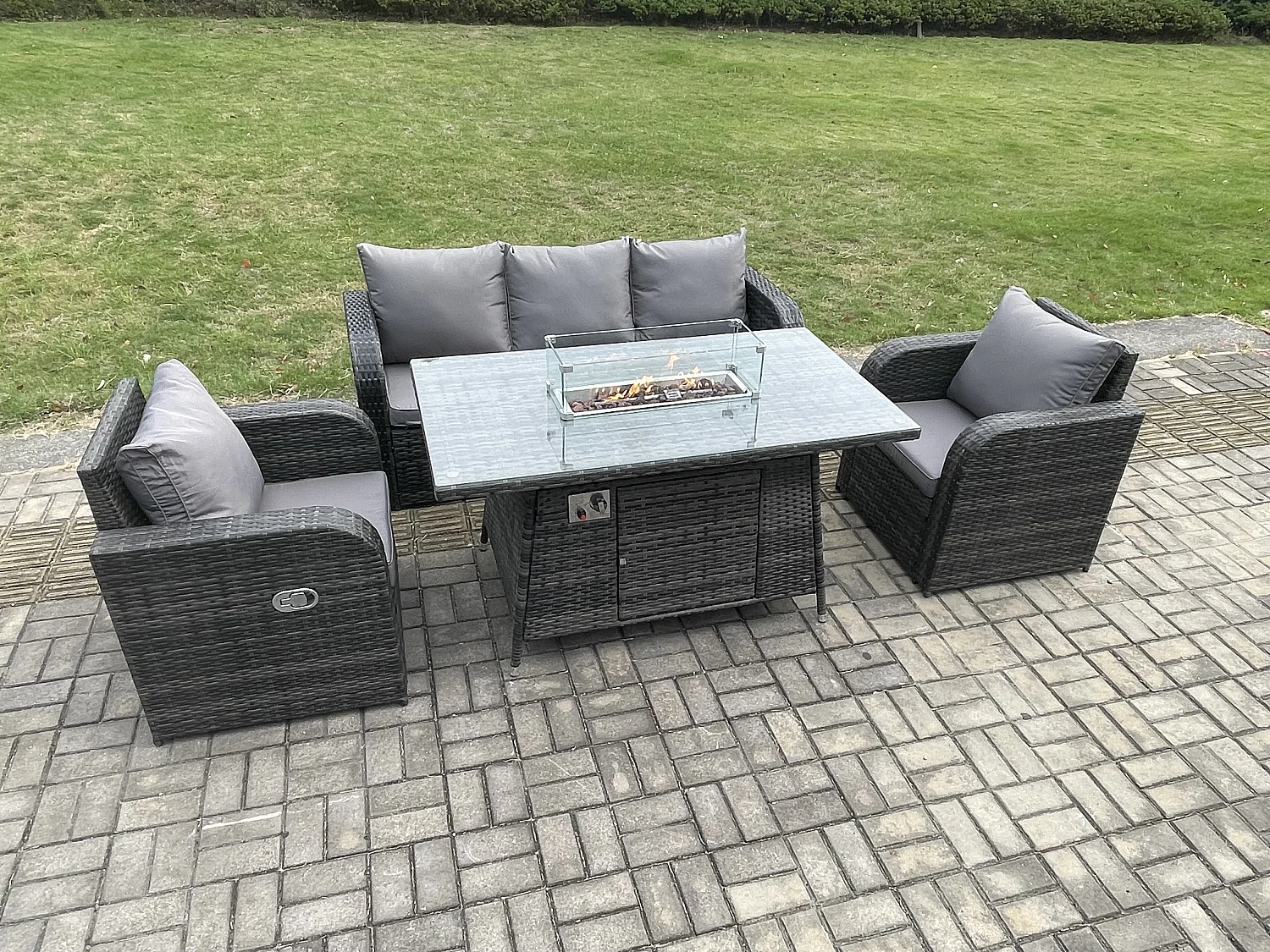 Ensemble Salon de Jardin Extérieur en polyrotin Table de foyer à gaz et Fauteuil avec Canapé 3 places Gris foncé mixte