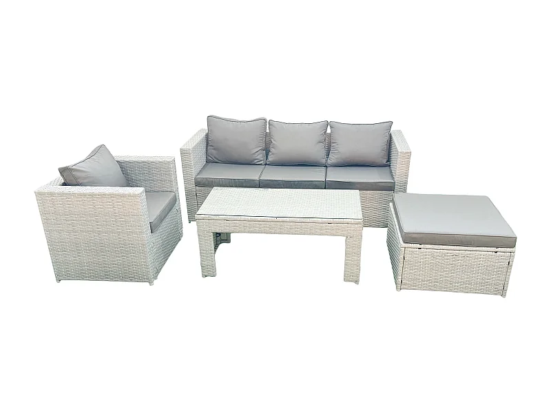 Salon de jardin 4 Pièces Canapé de jardin Table basse oblongue avec Fauteuil Grand tabouret Gris clair mixte