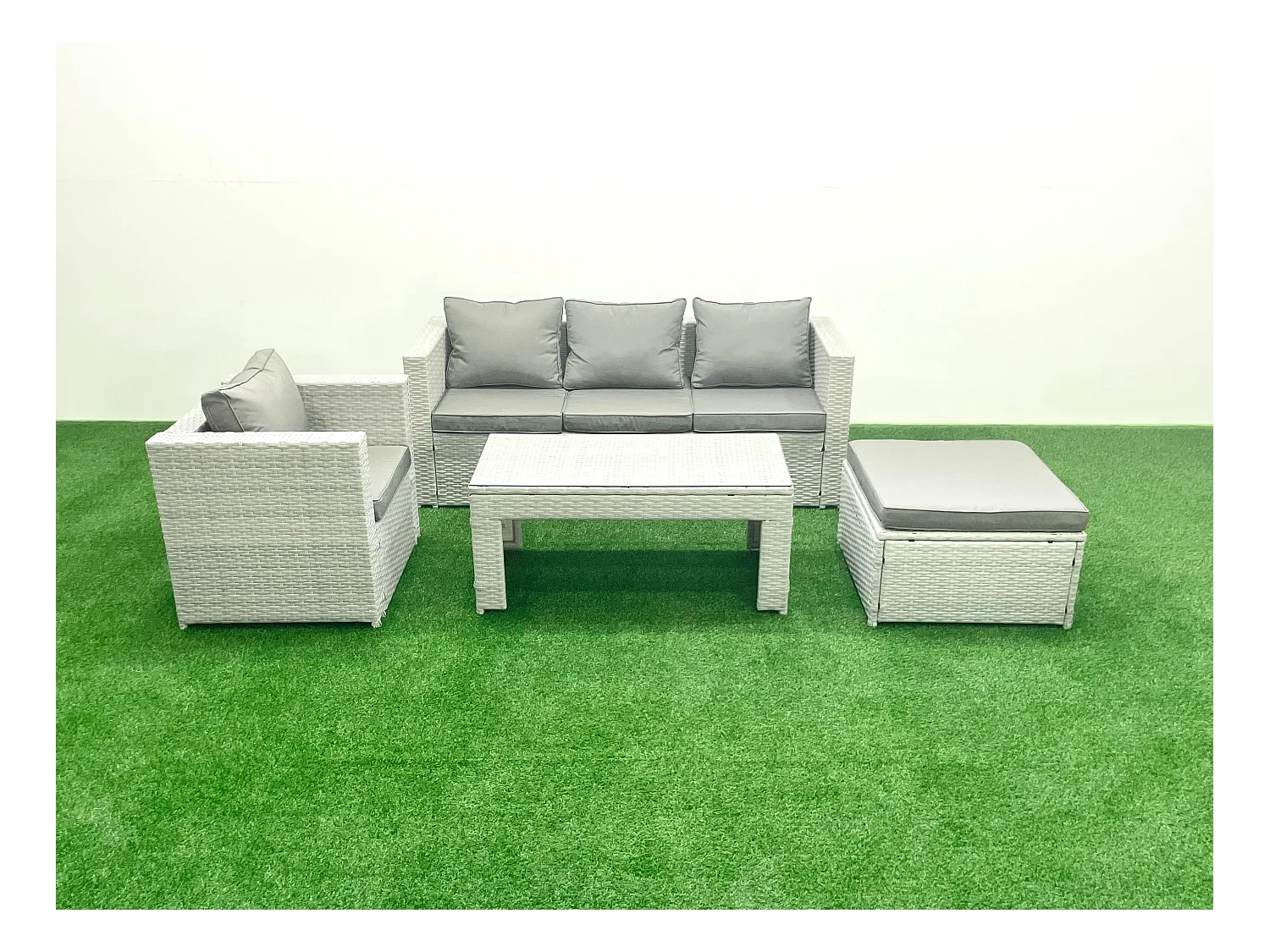 Salon de jardin 4 Pièces Canapé de jardin Table basse oblongue avec Fauteuil Grand tabouret Gris clair mixte