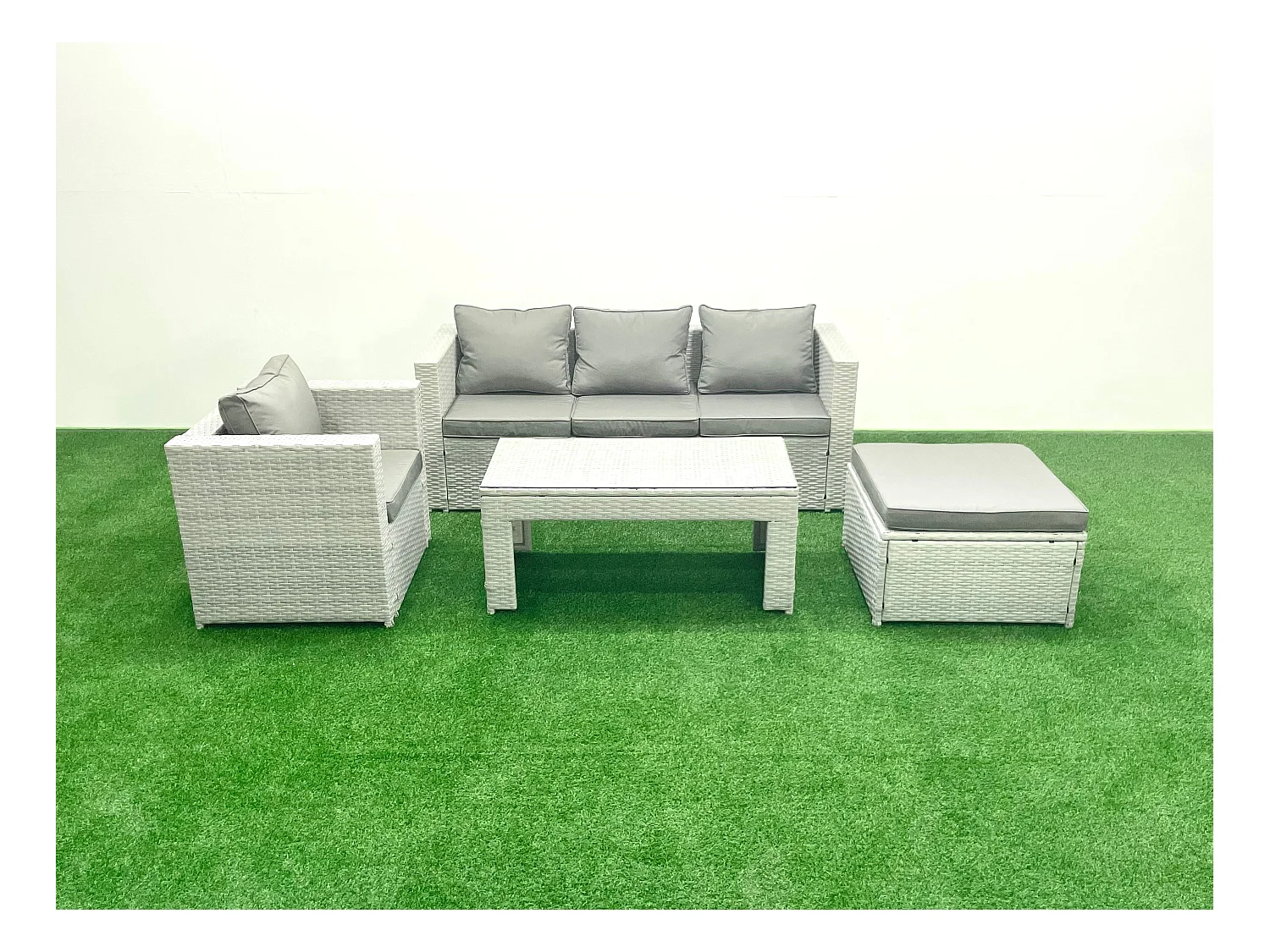 Salon de jardin 4 Pièces Canapé de jardin Table basse oblongue avec Fauteuil Grand tabouret Gris clair mixte