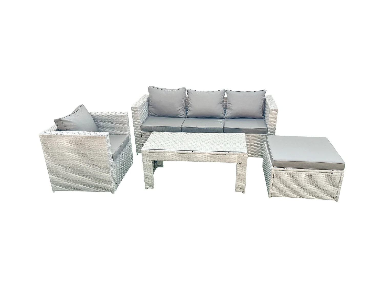 Salon de jardin 4 Pièces Canapé de jardin Table basse oblongue avec Fauteuil Grand tabouret Gris clair mixte