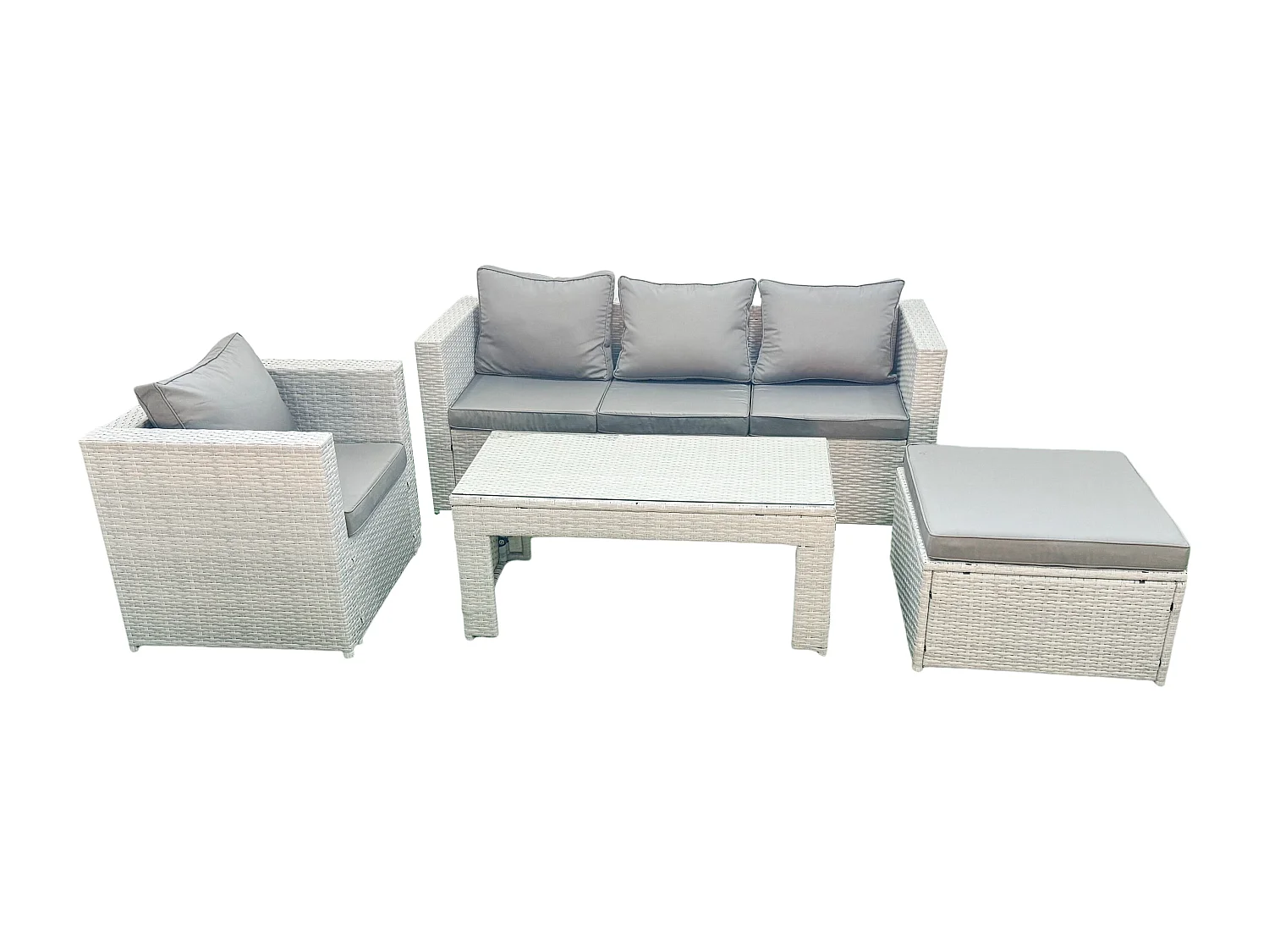 Salon de jardin 4 Pièces Canapé de jardin Table basse oblongue avec Fauteuil Grand tabouret Gris clair mixte