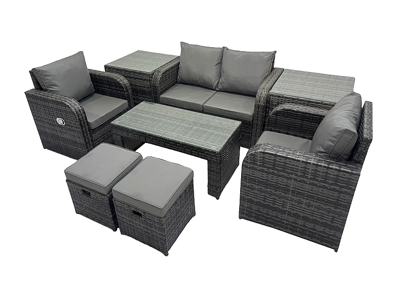 Garten Sofa im Freien Set Polyrattan Gartenmöbel Set mit Liegestühle Couchtisch 2 Beistelltischen 2 kleine Fußhockern Dunkelgrau Gemischt