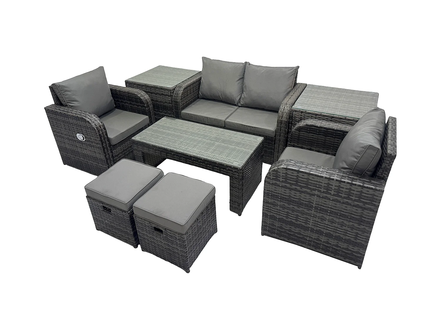 Garten Sofa im Freien Set Polyrattan Gartenmöbel Set mit Liegestühle Couchtisch 2 Beistelltischen 2 kleine Fußhockern Dunkelgrau Gemischt