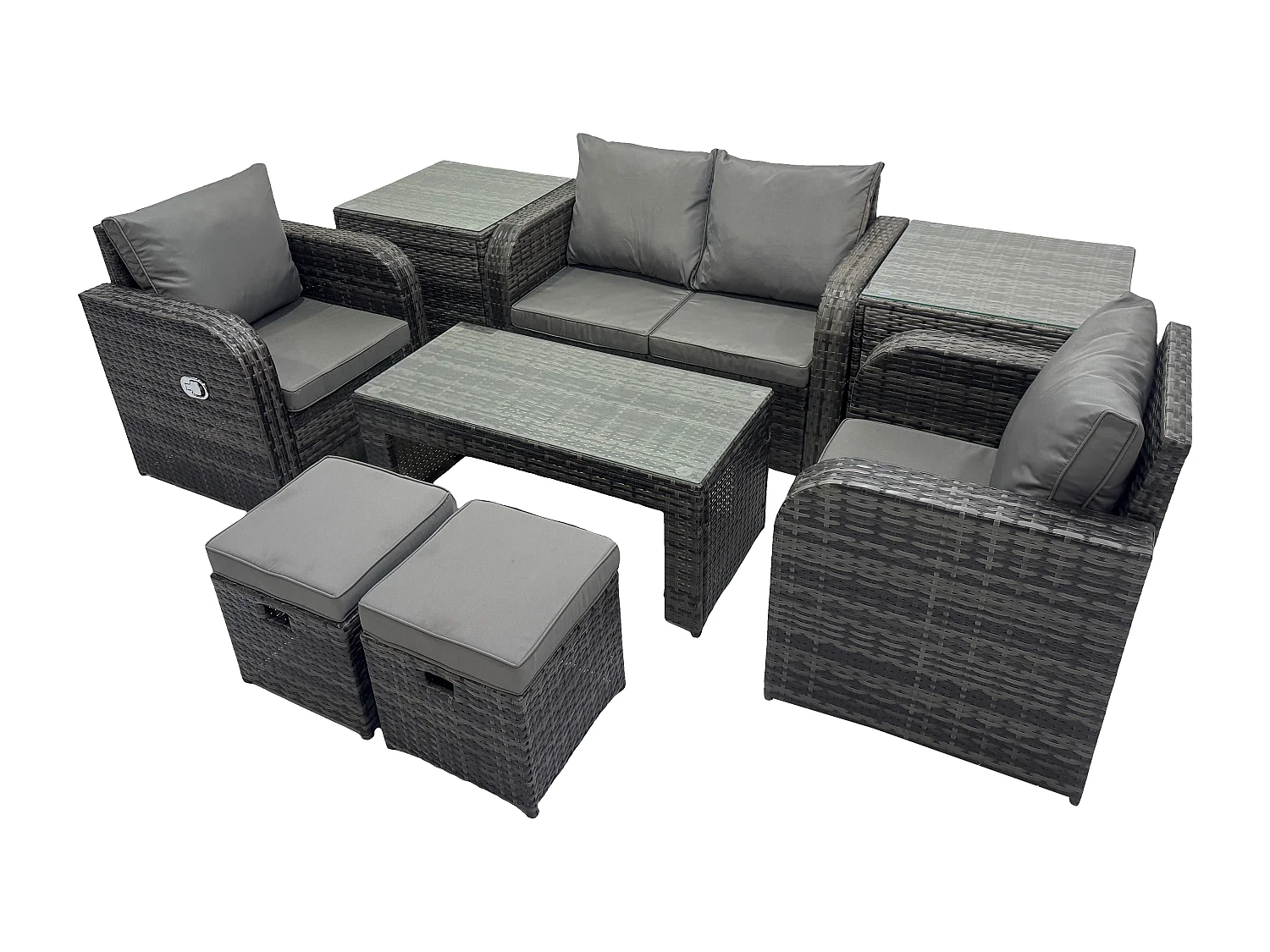 Garten Sofa im Freien Set Polyrattan Gartenmöbel Set mit Liegestühle Couchtisch 2 Beistelltischen 2 kleine Fußhockern Dunkelgrau Gemischt