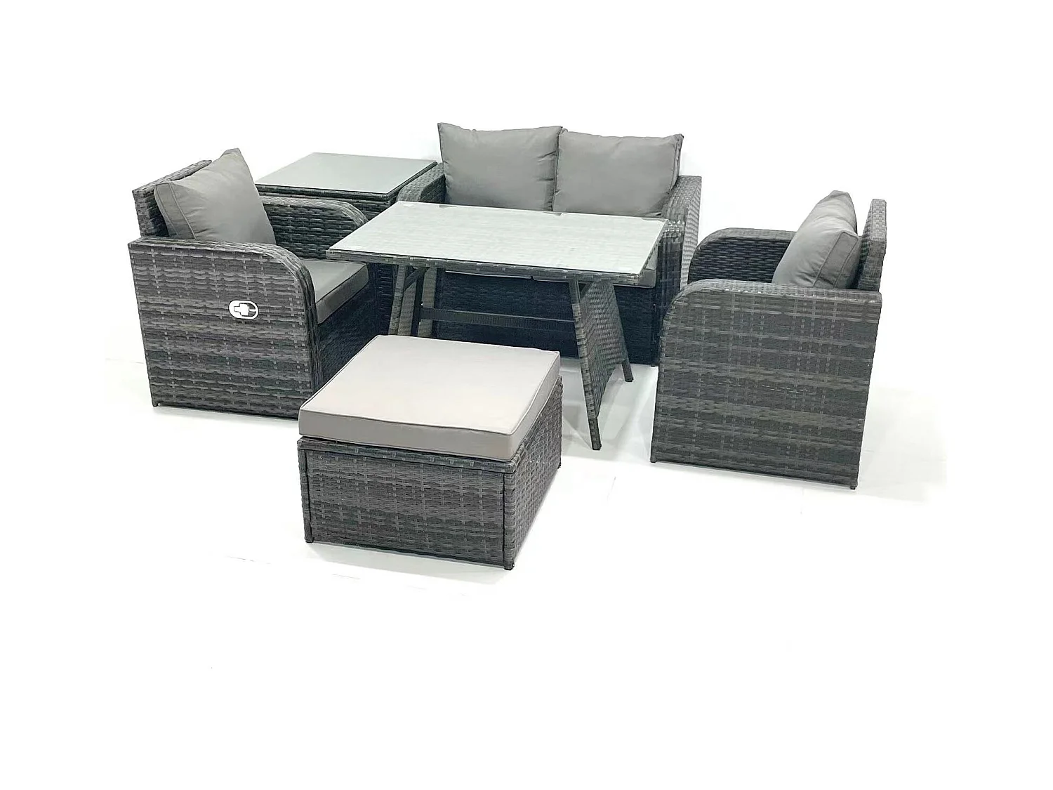 Ensemble de meubles de jardin en polyrotin Rattan Canapé avec Table à manger Chaise inclinable Table d'appoint Grand tabouret Gris foncé mixte