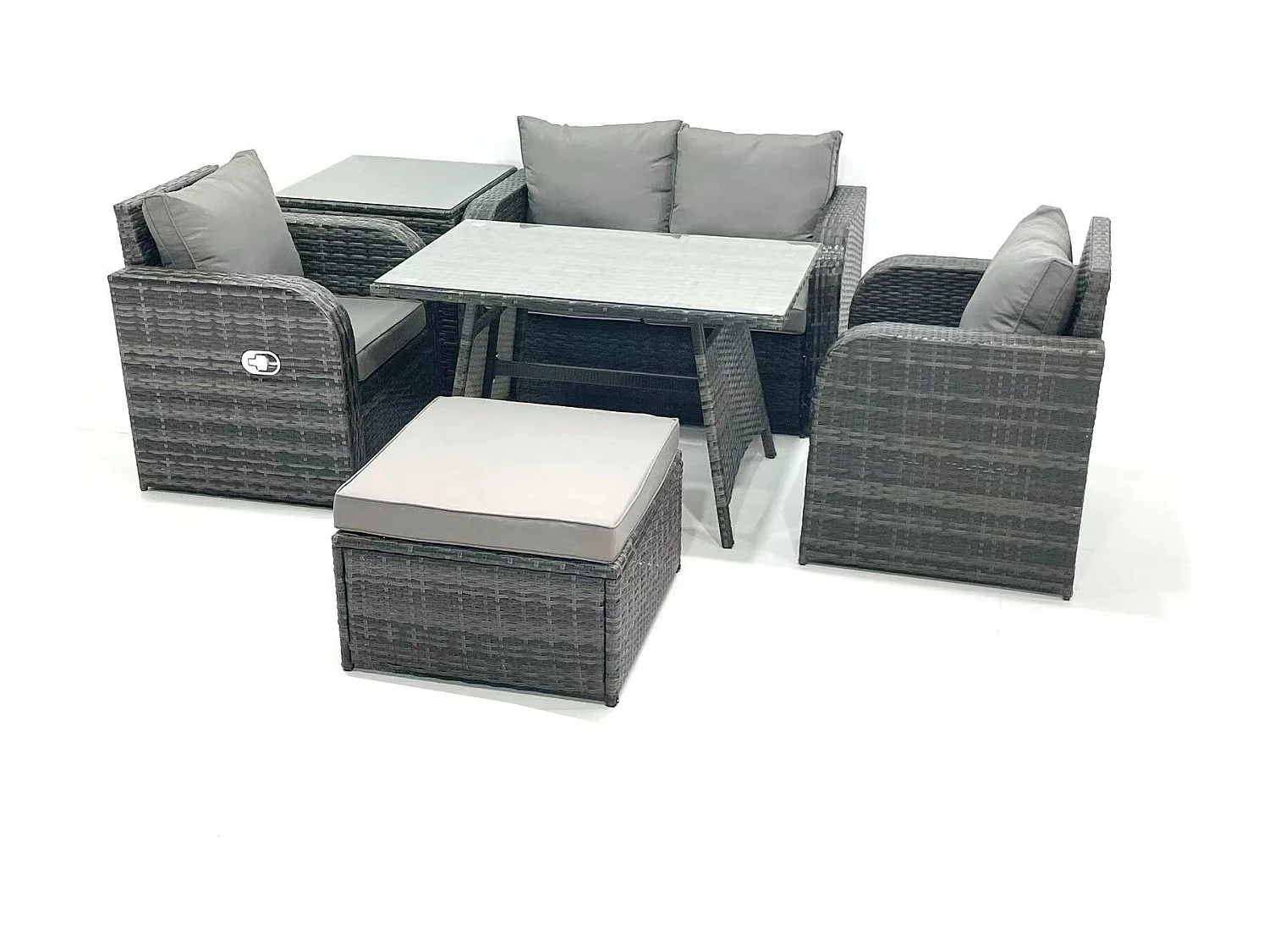 Gartenmöbel-Set Rattan Sofa Esstisch Set mit Liegestühle Beistelltisch 2 Großer Hockern Dunkelgrau Gemischt