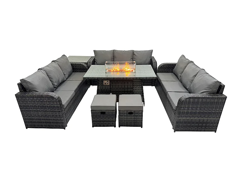 Polyrattan Gartenmöbel Set Gasfeuerstelle Esstisch Set mit Beistelltisch 2 kleine Fußhockern Dunkelgrau Gemischt